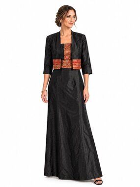Vintage Dynasty Silk Dress Jacket Set Tagged 20 Fits 12 Black Gold Brocade